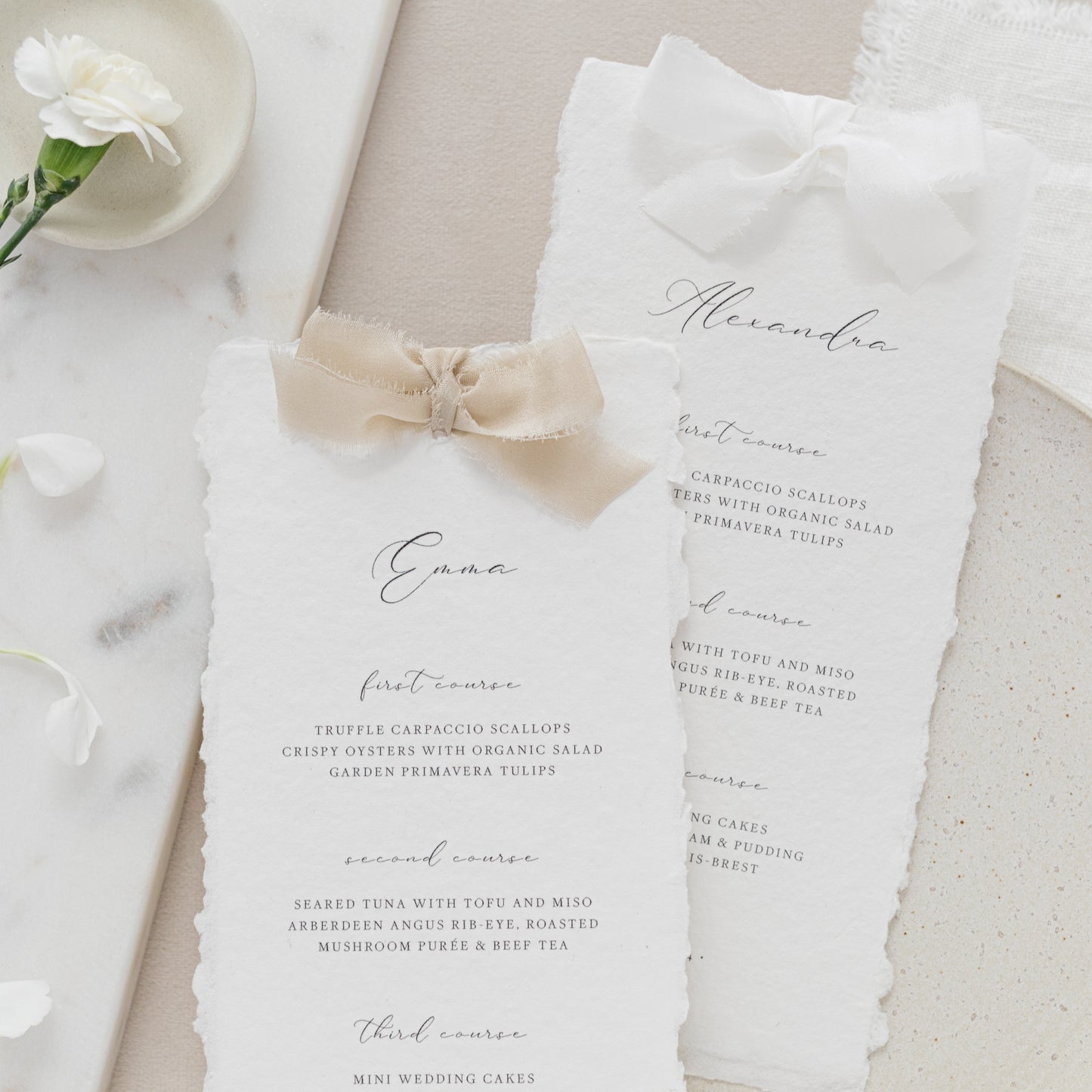 Emma Personalised Wedding Menu with Silk Ribbon