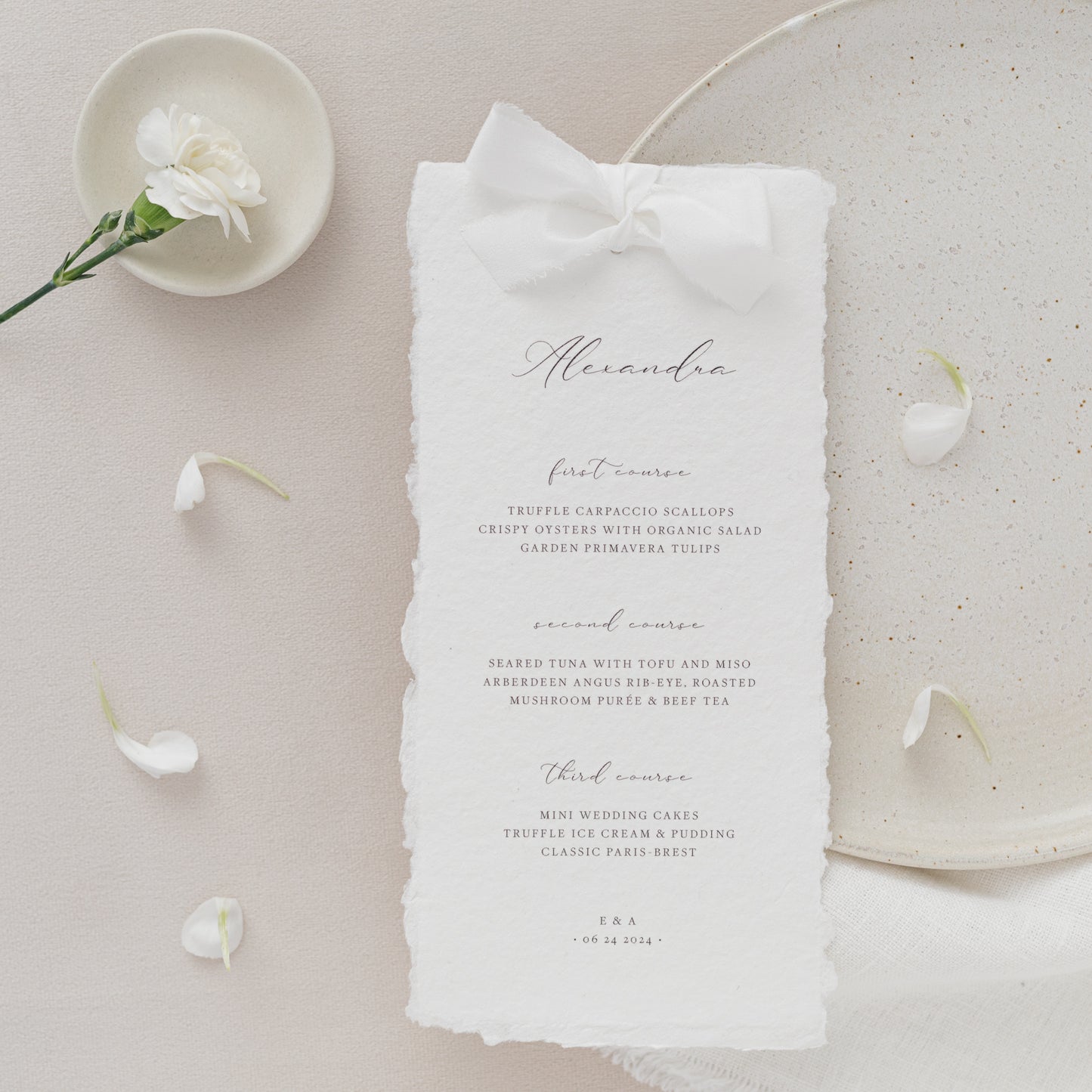 Emma Personalised Wedding Menu with Silk Ribbon