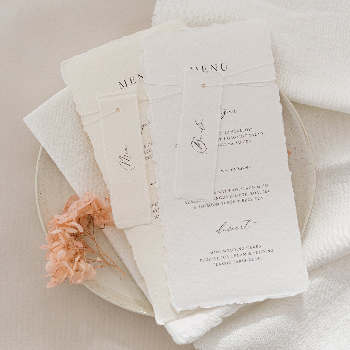 Mia Wedding Menu & Twine Tied Place Card