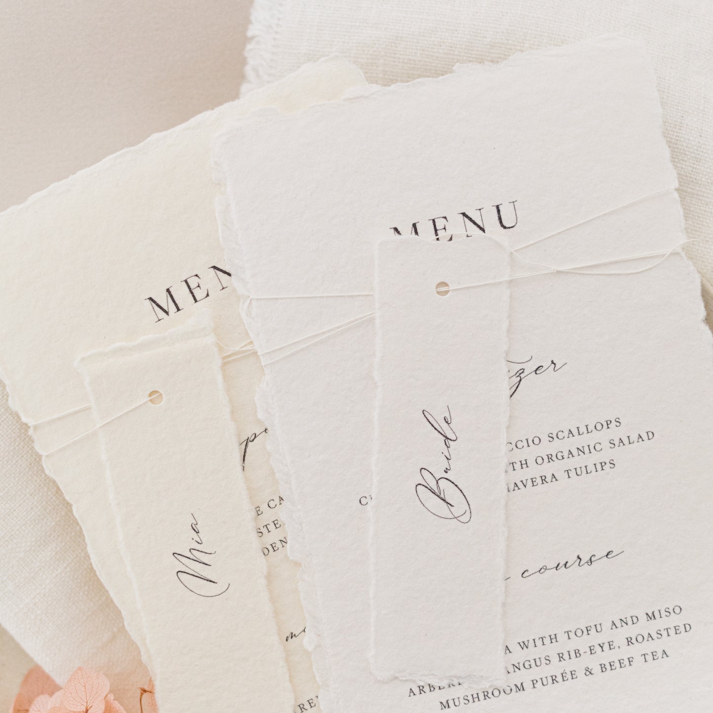 Mia Wedding Menu & Twine Tied Place Card