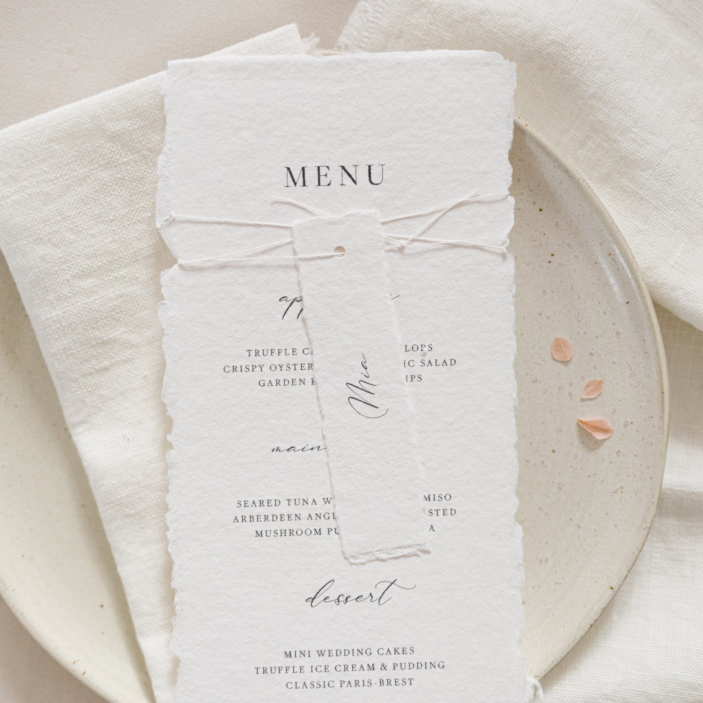 Mia Wedding Menu & Twine Tied Place Card