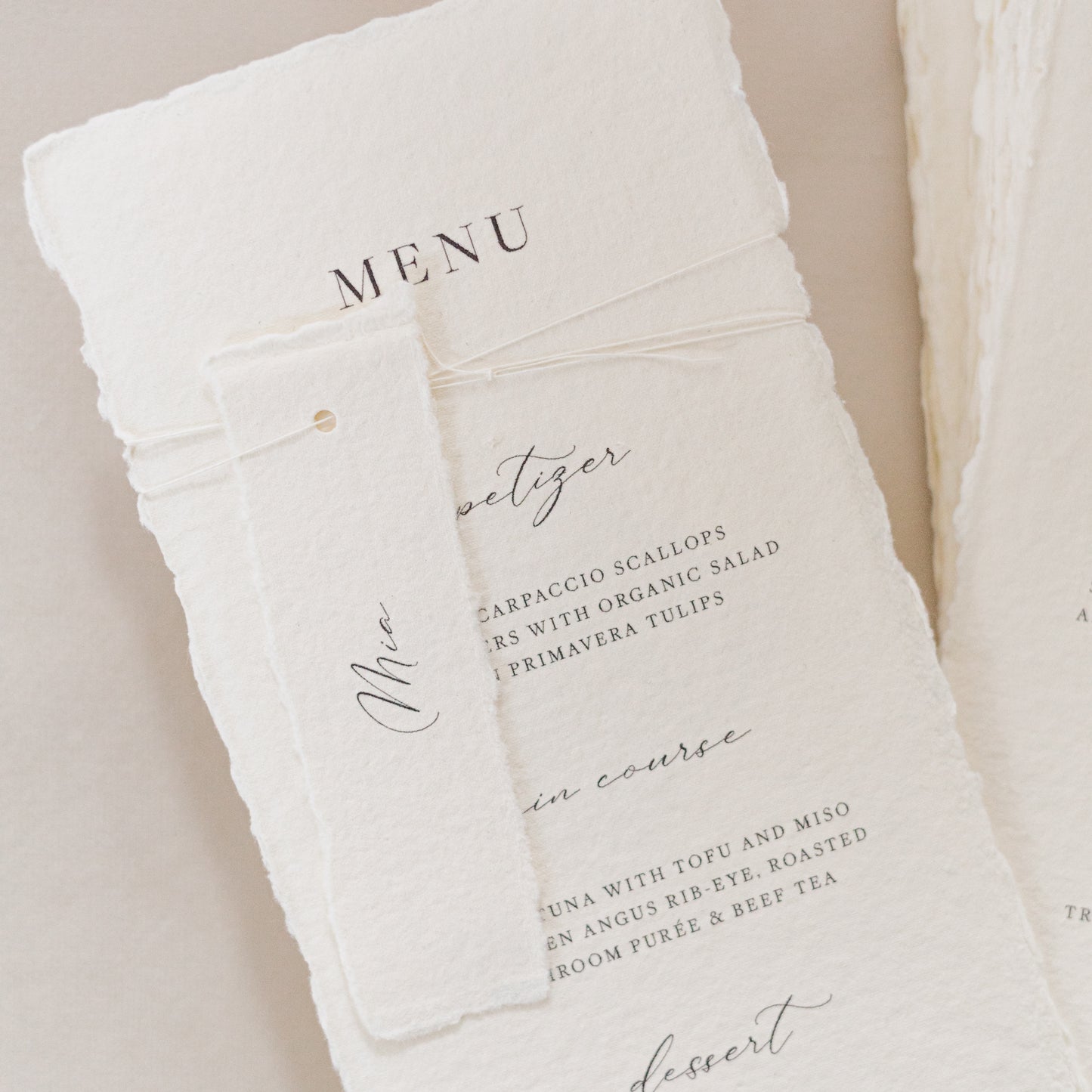 Mia Wedding Menu & Twine Tied Place Card