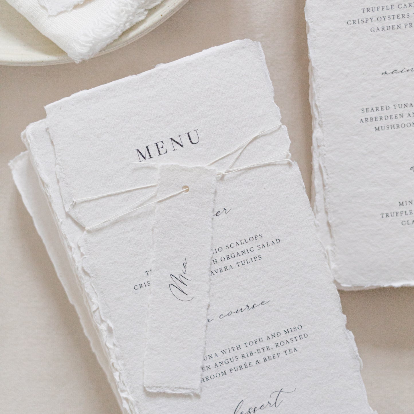 Mia Wedding Menu & Twine Tied Place Card