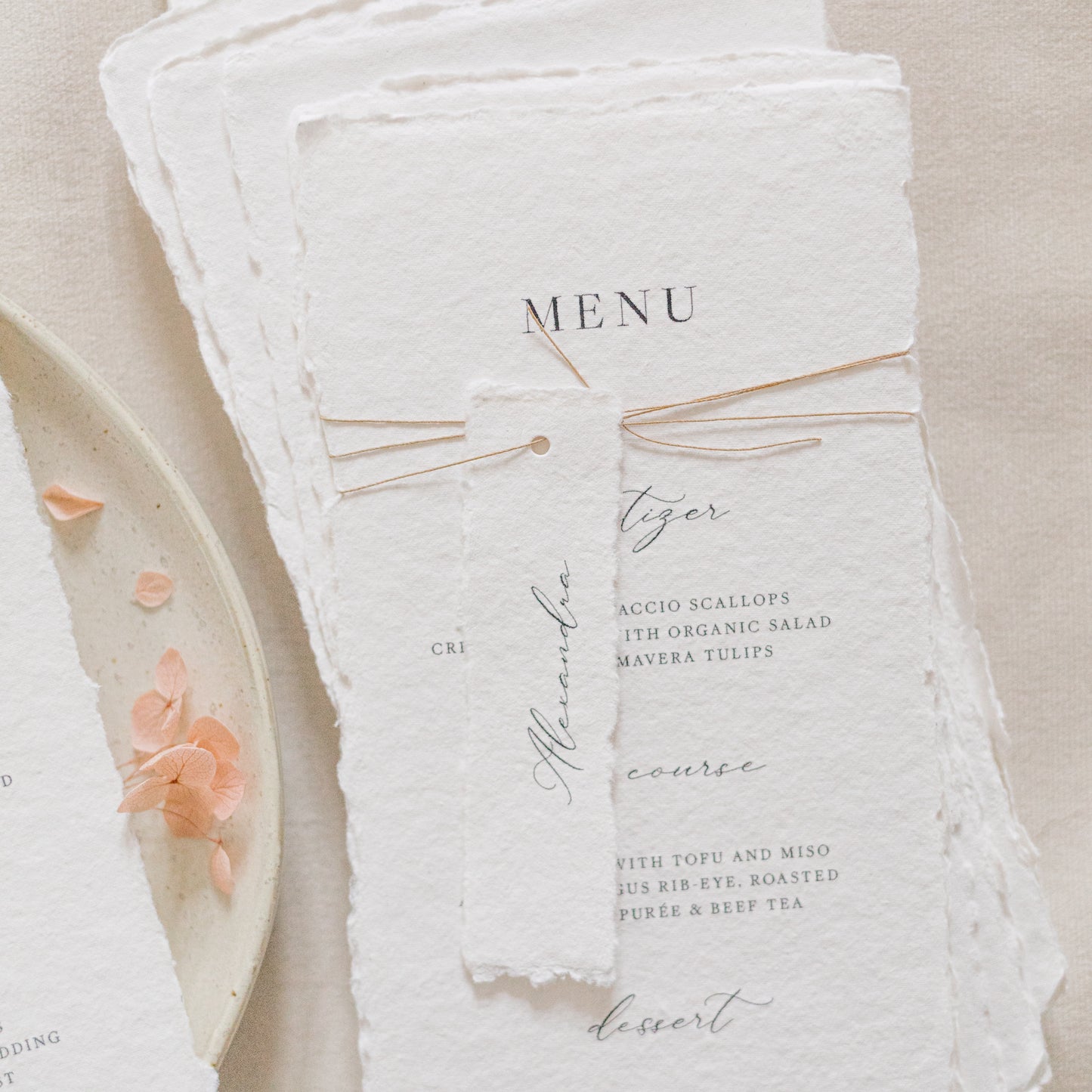 Mia Wedding Menu & Twine Tied Place Card