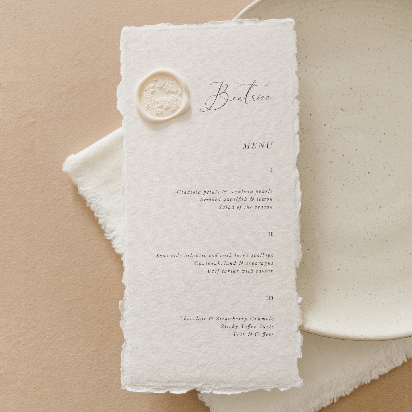 Beatrice Personalised Wedding Menu & Wax Seal