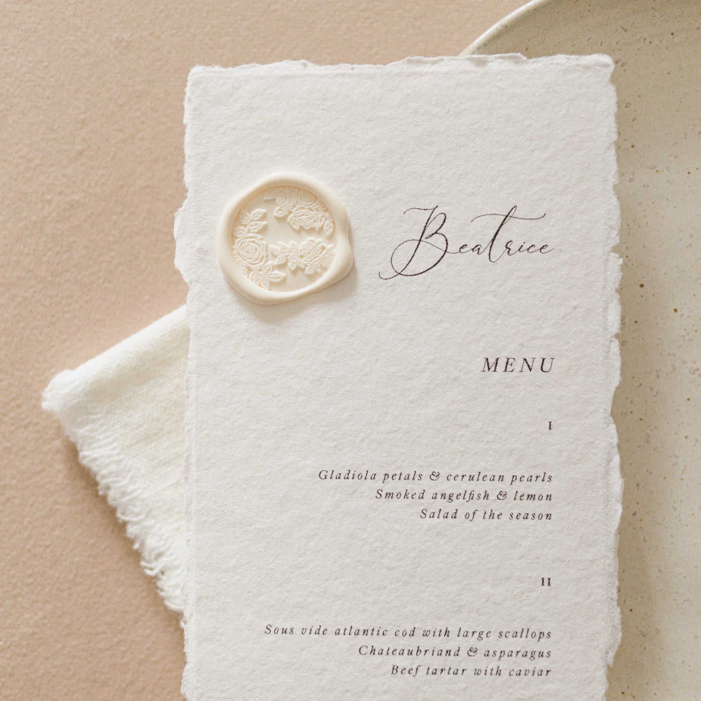 Beatrice Personalised Wedding Menu & Wax Seal
