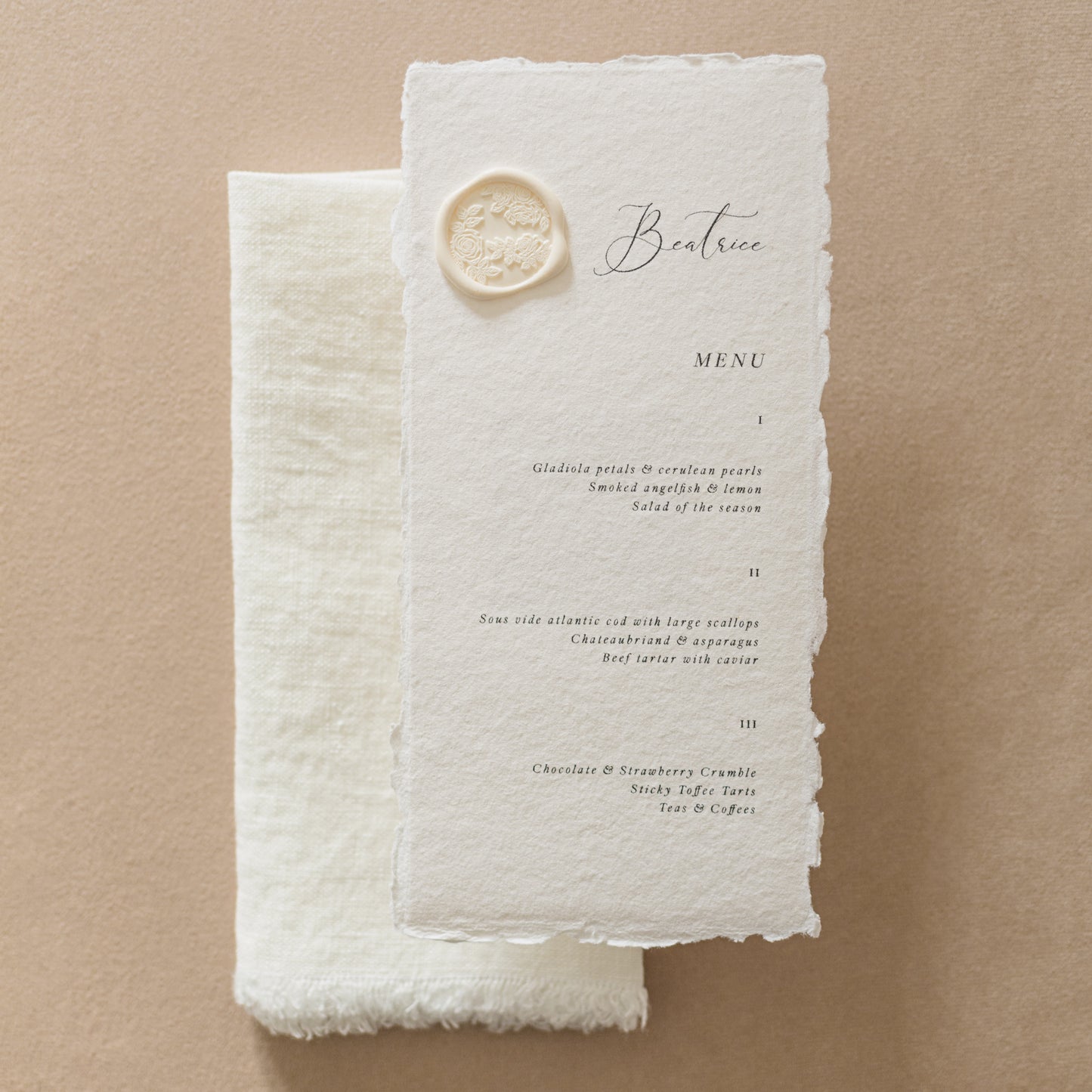 Beatrice Personalised Wedding Menu & Wax Seal